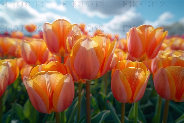 Vibrant orange tulips bask in the bright sunlight with a clear blue sky overhead, AI generated