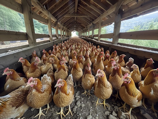 A flock of chickens inside a wooden covered bridge, looking at the camera, AI generiert, AI generated