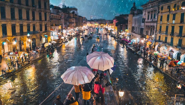 Pedestrians with umbrellas on an illuminated rainy night in the city with reflections on the street, AI generated