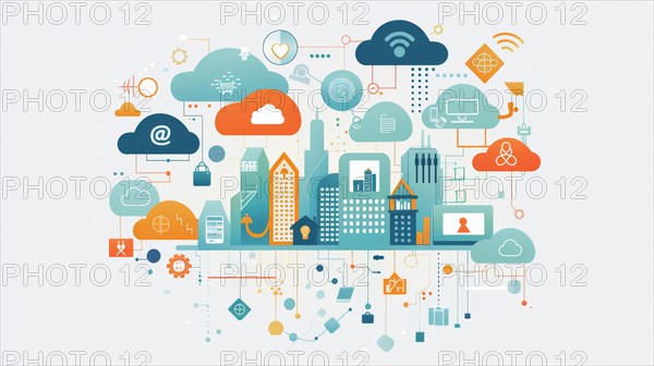 Flat design illustration of cloud computing over a cityscape with connectivity icons, ai generated, AI generated