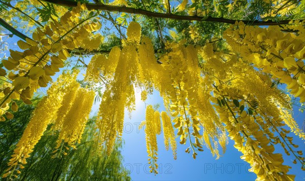 Laburnum blossoms forming a canopy of golden flowers AI generated