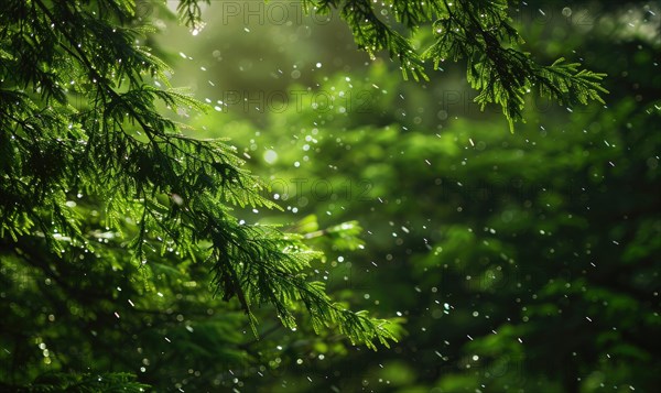 Closeup view on cedar branch in rain drops, bokeh background AI generated