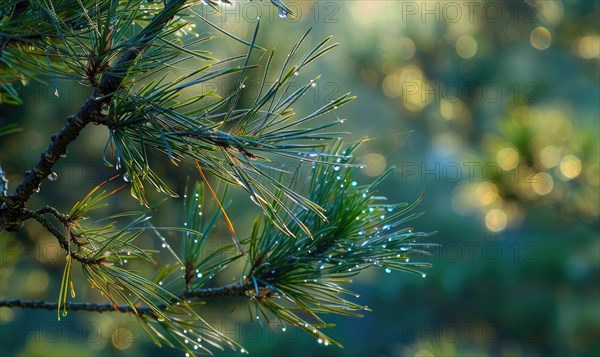 Closeup view on cedar branch in rain drops, bokeh background AI generated