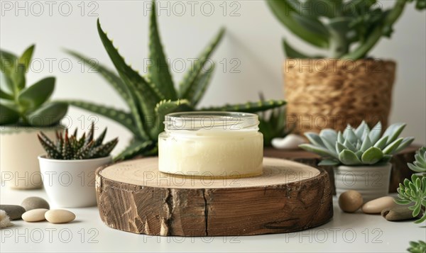 A blank jar mockup of aloe vera gel product placed atop a wooden produce podium AI generated