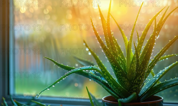 A close-up of a vibrant green aloe vera plant basking in the sunlight on a windowsill AI generated