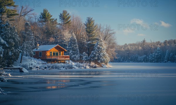 A cozy cabin nestled by the shore of a frozen lake AI generated