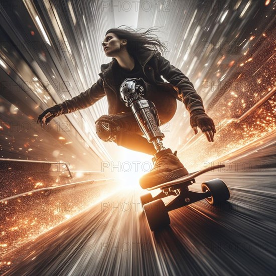 Female skateboarder with a bionic leg in a dynamic pose, generating sparks on an urban road, AI generated