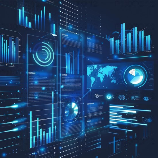 Advanced digital dashboard with infographics, data analytics and a world map in futuristic blue tones, ai generated, AI generated