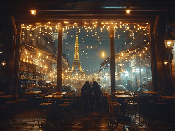 Blick von einer beleuchteten Cafeterrasse auf den naechtlichen Eiffelturm in Paris, Lifestyle in Paris, Frankreich, AI generiert, AI generated