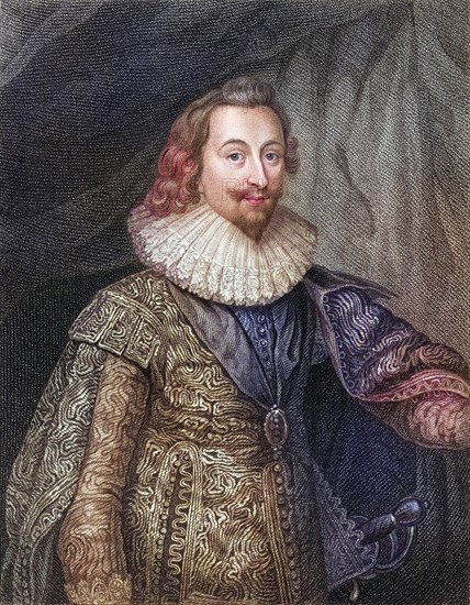 George Villiers, 1st Duke of Buckingham KG (born 28 August 1592 in Brooksby, Leicestershire, died 23 August 1628 in Portsmouth), was an important English diplomat and statesman at the beginning of the 17th century, Historical, digitally restored reproduction from a 19th century original, Record date not stated