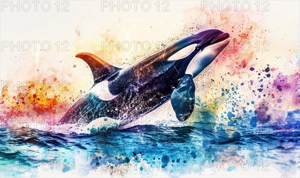 A watercolor depiction of an orca whale breaching the surface against a backdrop of vibrant ocean hues AI generated