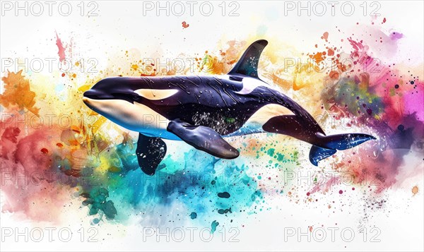 A watercolor depiction of an orca whale breaching the surface against a backdrop of vibrant ocean hues AI generated