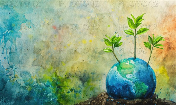 Vibrant watercolor painting of Earth with tree saplings growing on top AI generated