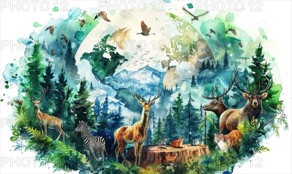 Watercolor illustration of Earth with wildlife and forests AI generated