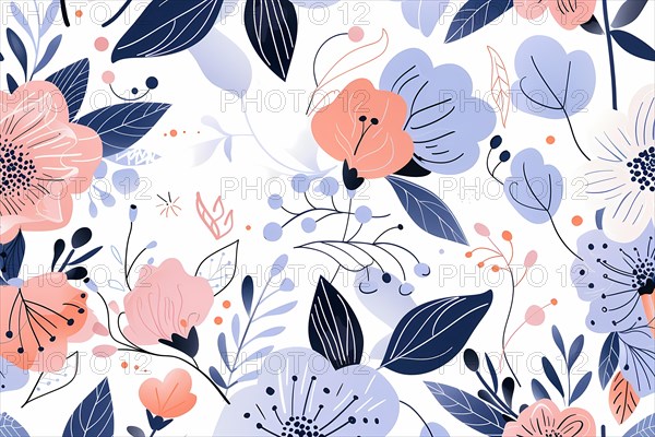 Floral pattern with pink and blue hues suitable for wallpaper or textile print, illustration, AI generated