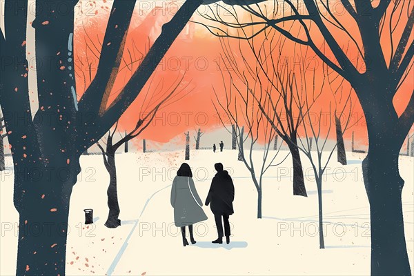 Serene illustration of a couple in a snowy park with red trees and falling snow, illustration, AI generated