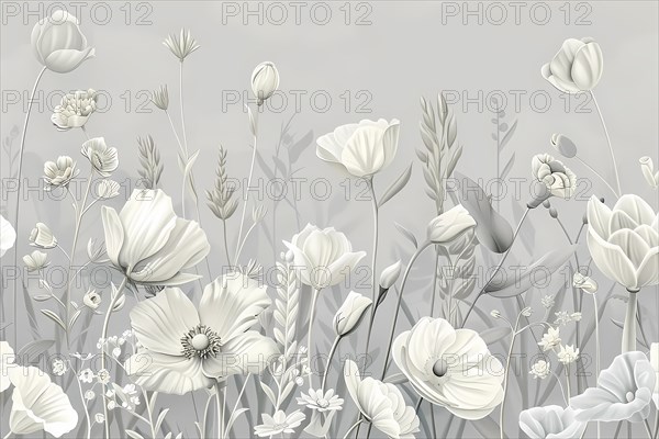 Elegant monochrome floral pattern with various blooming flowers and leaves, illustration, AI generated