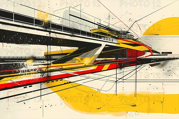 Abstract geometric depiction of a high-speed train in motion with yellow and red accents, illustration, AI generated