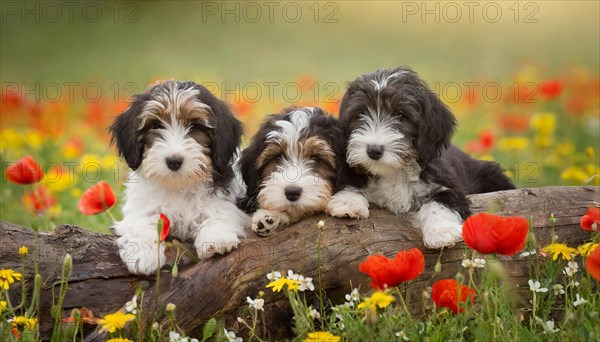 KI generated, animal, animals, mammal, mammals, one, single animal, bobtail, (Canis lupus familiaris), dog, dogs, bitch, dog breed from England, three young animals lying on a log in a meadow