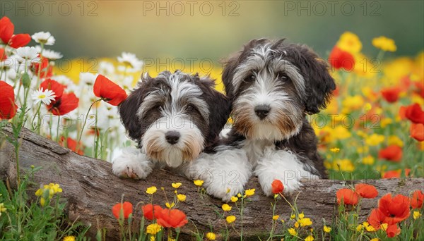 KI generated, animal, animals, mammal, mammals, bobtail, (Canis lupus familiaris), dog, dogs, bitch, dog breed from England, two puppies lying in a flower meadow