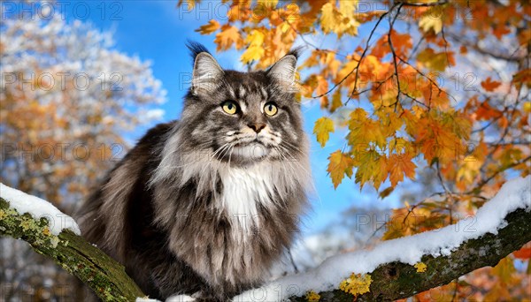 AI generated, animal, animals, mammal, mammals, cat, felidae (Felis catus), a black and white American Forest Cat, sits in a tree, autumn, autumn leaves, snow, onset of winter