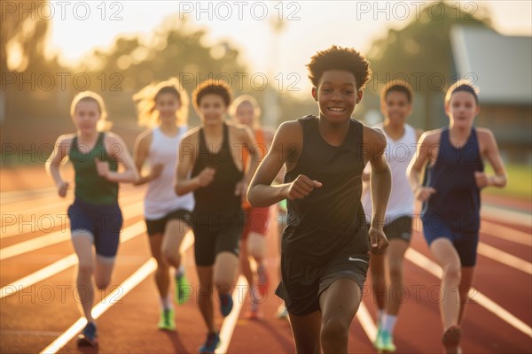 Pupils running on a synthetic running track, athletics, sports lessons, AI generated, AI generated, AI generated