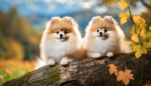 KI generated, animal, animals, mammal, mammals, one, single animal, dwarf spitz, Spitz, (Canis lupus familiaris), dog, dogs, bitch, Pomeranians, two cream-coloured puppies lying on a tree trunk, autumn, autumn leaves