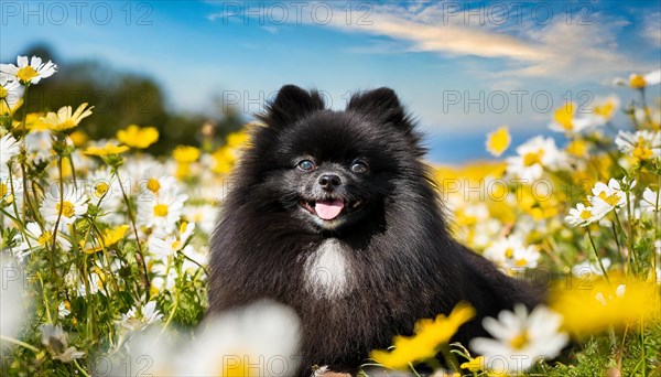 KI generated, animal, animals, mammal, mammals, one, single animal, dwarf spitz, Spitz, (Canis lupus familiaris), dog, dogs, bitch, Pomeranians, black puppy, flower meadow