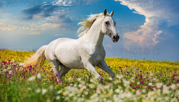 KI generated, A horse, horses, Arabian, in front of a blue sky, thoroughbred Arabian, AV, Arabian thoroughbred, (Eqqus ferus caballus), running in a meadow with colourful flowers