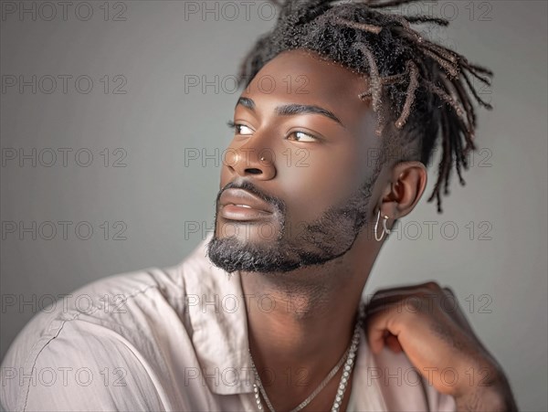 Close-up portrait of a man with dreads and beard, wearing a cream shirt and jewelry, AI generated