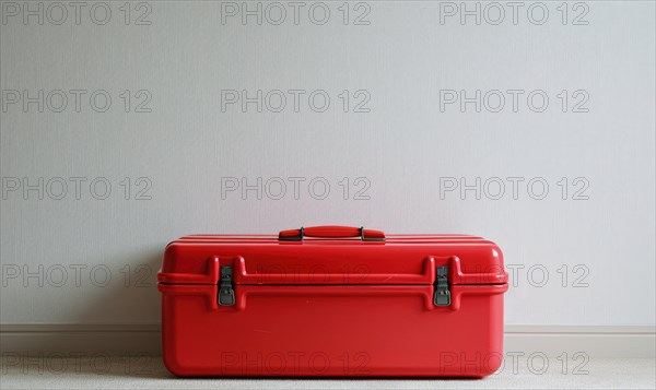 A bright red toolbox with latches closed, set against a plain light background AI generated