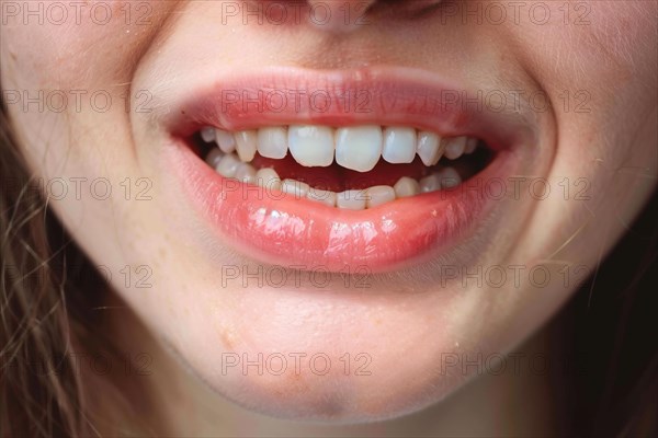 Young teenage girl's smiling mouth with crooked teeth. KI generiert, generiert, AI generated