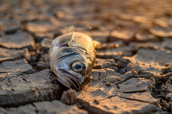 Dead fish on cacked dried up earth. Global warming and water scarcity concept. KI generiert, generiert, AI generated
