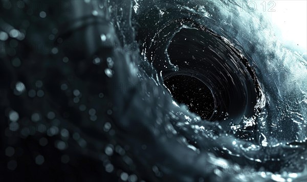 Reflective water textures swirl around a blue-hued black hole in this dynamic digital art piece AI generated