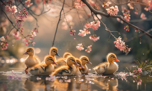 A group of fluffy ducklings waddling near a pond surrounded by blooming cherry trees. Spring nature AI generated