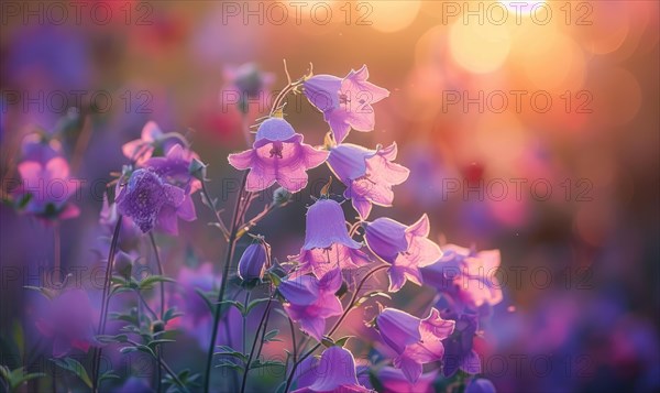 Bellflowers blooming in a cottage garden, closeup view, soft focus AI generated