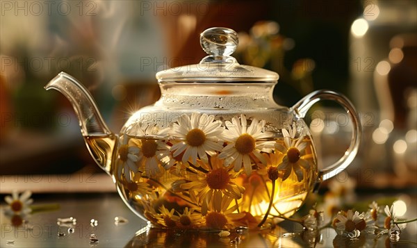 Chamomile tea being brewed in a glass teapot AI generated