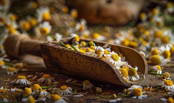 Chamomile tea leaves in a wooden scoop AI generated