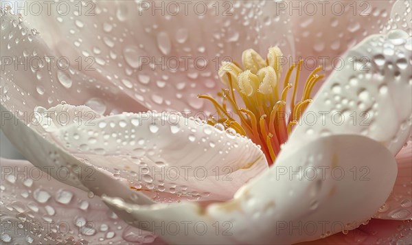 Magnolia blossom close-up with dewdrops glistening on the petals AI generated