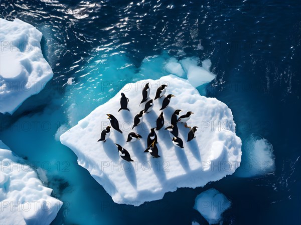 Group of penguins huddled on a drifting iceberg in the antarctic displaying wildlife, AI generated