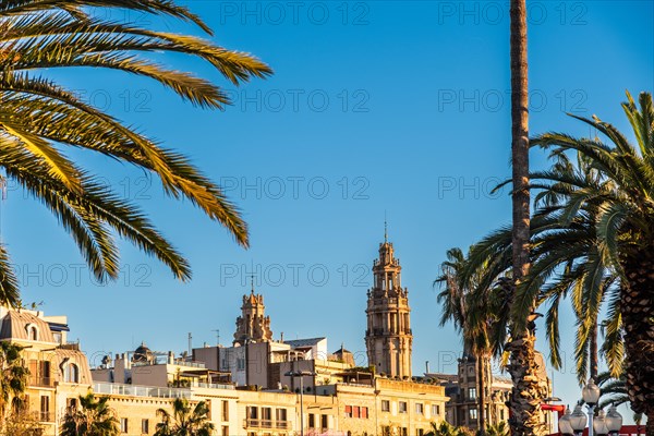 Promenade along the old harbour with prestigious buildings in Barcelona, Spain, Europe