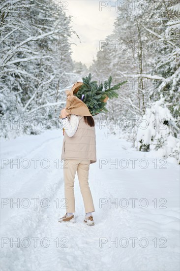An unrecognizable woman carries fir branches on her shoulder while walking along a snowy forest road