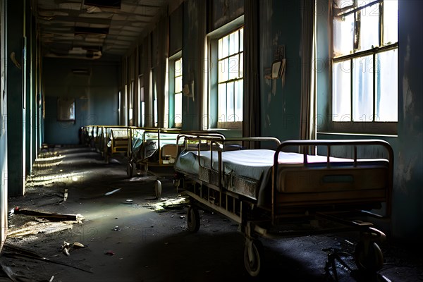 Rows of empty rusting hospital beds suspended in the melancholy, AI generated, hospital, damage, abandoned, ruin, decrepit