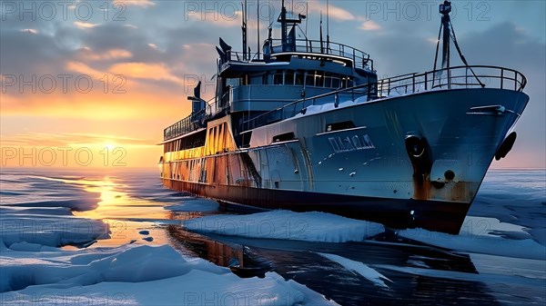 Icebreaker ship carving a path through thick ice of the polar region, AI generated