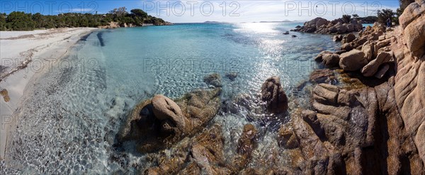Rock formations, lonely bay, panoramic shot, Capriccioli beach, Costa Smeralda, Sardinia, Italy, Europe