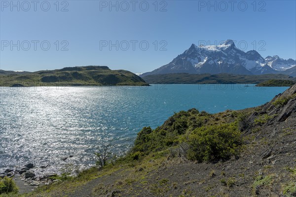 Lago Pehoe, mountain range of the Andes, Torres del Paine National Park, Parque Nacional Torres del Paine, Cordillera del Paine, Towers of the Blue Sky, Region de Magallanes y de la Antartica Chilena, Ultima Esperanza province, UNESCO biosphere reserve, Patagonia, end of the world, Chile, South America