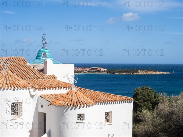 Typical roofs, Stella Maris church at the back, detail, Porto Cervo, Sardinia, Italy, Europe