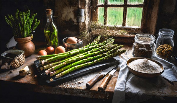 Green asparagus in a rustic farmhouse kitchen, AI generated, AI generated