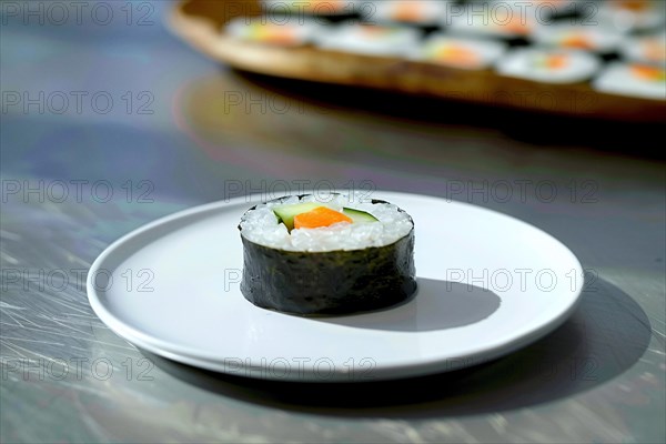 A simple yet elegant presentation of sushi on a white plate with a clean background, AI generated