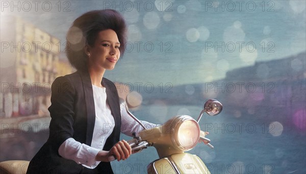 Elegant woman on a vintage scooter with pastel tones and soft bokeh lights, blurry moody landscaped background with bokeh effect, AI generated